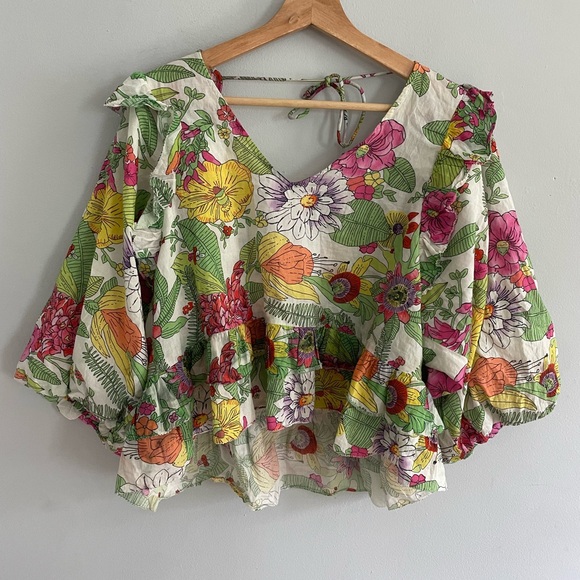 Anthropologie Tops - Love The Label Mitzie Floral Blouse Ruffle Balloon Sleeve V-Neck Women’s Sz L